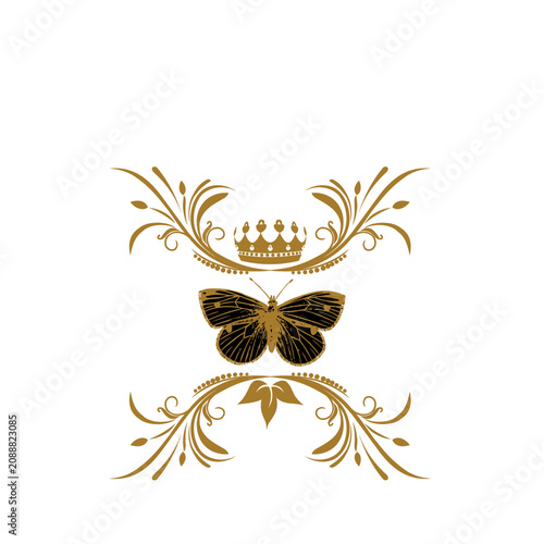Fotografie Logo farfalla stile barocco e lussuoso con corona oro e decorazioni floreali