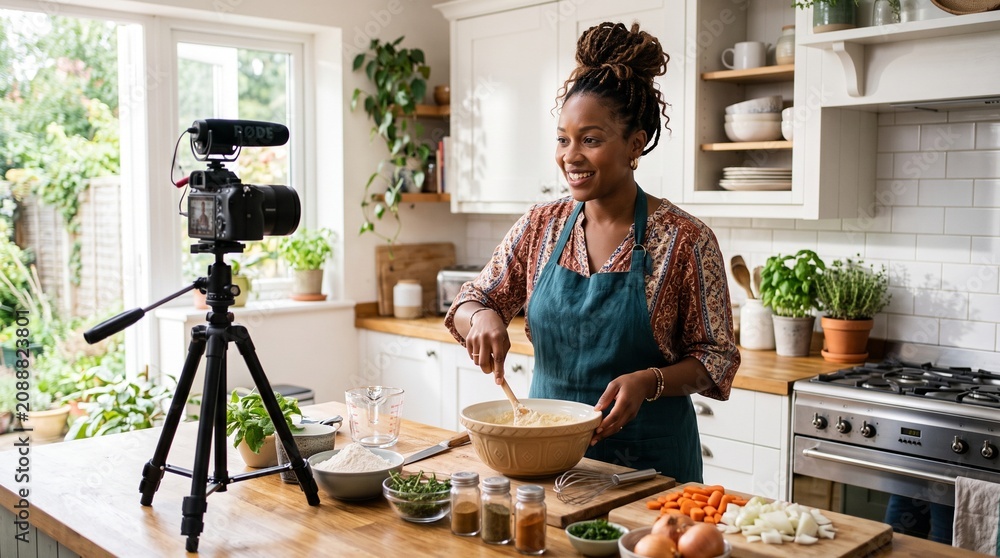 Fototapeta premium Woman filming cooking tutorial in kitchen with camera on tripod mixing ingredients in bowl
