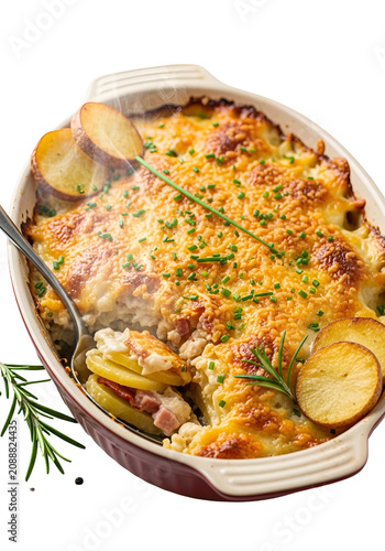 Scalloped Potato Gratin with Cheese and Bacon Isolated Golden Brown