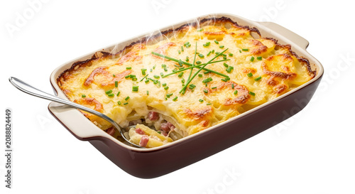 Scalloped Potatoes Gratin Dish with Spoon Isolated Golden Brown Cheese Topping