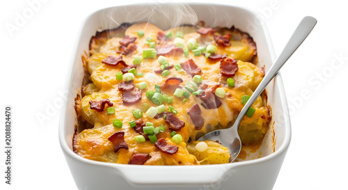 Scalloped Potatoes With Bacon And Cheese In White Dish Isolated