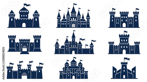 Tableau sur toile Collection of Medieval Castle Silhouettes, Royal Fortress Icons, Fantasy Archite