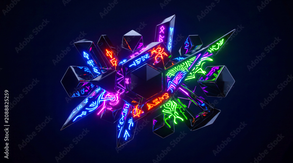 Obraz premium A complex cluster of dark glossy geometric crystals etched with vibrant glowing neon runes and mystical ancient symbols floating suspended against a stark deep black background
