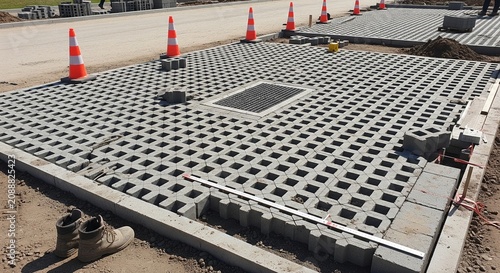 Industrial concrete drainage grid installation site with safety cones and construction barriers