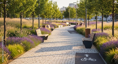 Modern pedestrian pathway lined with purple flowers and accessible ramps in urban park during golden hour