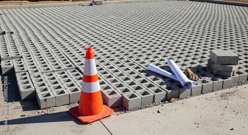 Construction site safety barriers with orange traffic cone and blue caution tape marking restricted area