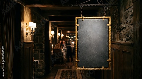 A dimly lit, elegant restaurant entrance with a blank hanging chalkboard sign and diners in the background.