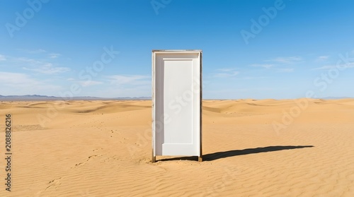 A surreal white door frame stands alone in a vast, empty desert landscape under a clear blue sky, casting a long shadow.
