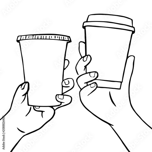 Quadro su tela Hands holding disposable coffee cups sketch