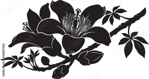 Black floral silhouette of blooming flowers on a branch, elegant botanical vector illustration, decorative garden blossom element for wedding design