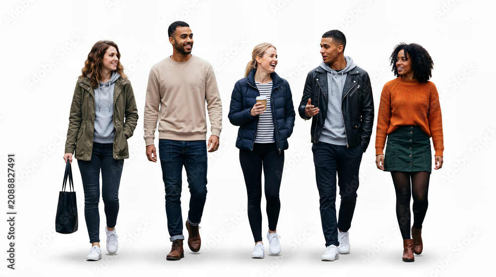 Obraz premium Diverse Group of Happy Young Multiethnic Friends Walking and Talking Together Isolated on White