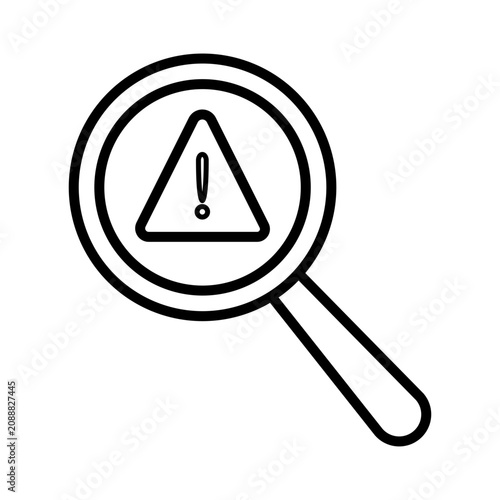 Magnifying glass inspection icon with exclamation mark warning sign for error detection and security search analysis