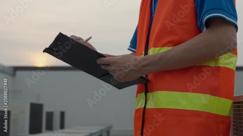 inspector or engineer is inspecting construction and quality assurance new house using a checklist. Engineers or architects or contactor work to build the house before handing it over to the homeowner