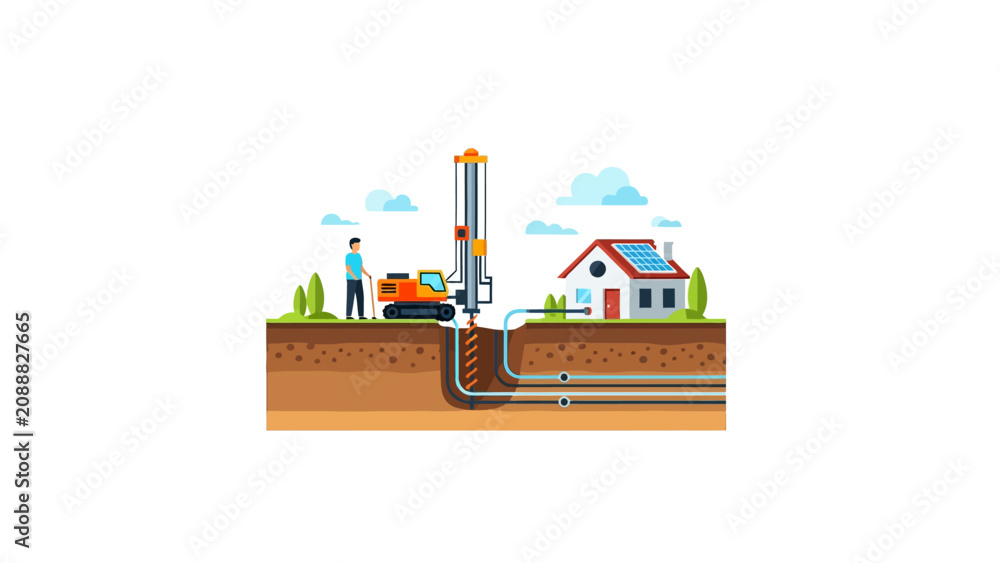Fototapeta premium Geothermal Heating System Installation with Drilling Rig and House Illustration