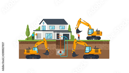 Excavators installing underground house systems and utilities illustration