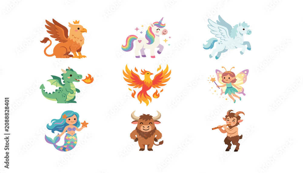 Fototapeta premium Cute cartoon mythical creatures set with dragon unicorn griffin pegasus phoenix fairy mermaid minotaur and satyr character vector illustration