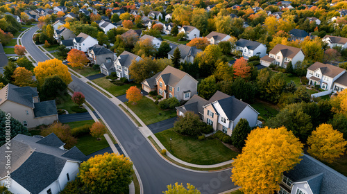 Aerial drone view of an American suburban neighborhood in autumn fall season, establishing shot of residential houses concept, with copy space
