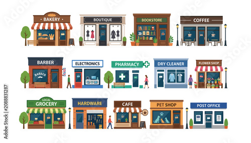 Foto Vector flat city street shop store facade architecture bundle collection set wit