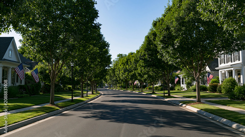 Foto Quiet suburban street with American flags lining both sides on a sunny summer da