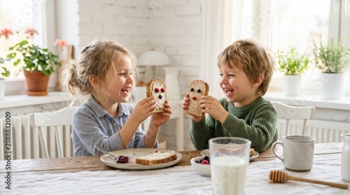 Two children  a boy and a girl  laugh as they show off slices of sourdough toast decorated like faces with fruit. A playful  bright scene in a kitchen