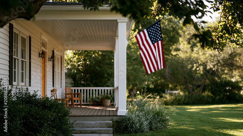 American flag displayed on a house porch in a residential area, patriotic suburban lifestyle concept, with copy space