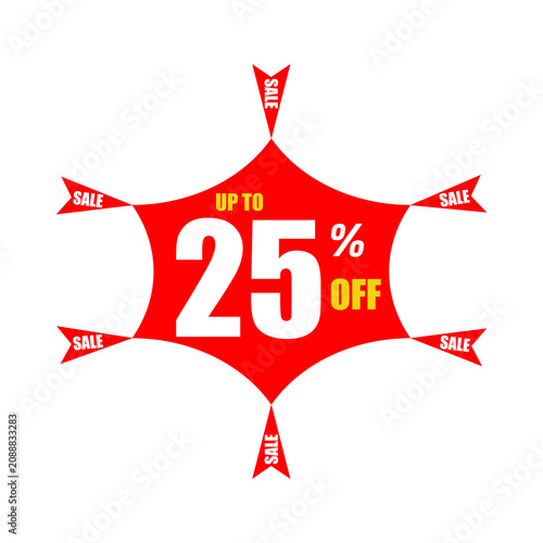 Up to 25 Percent Off Sale Badge Vector, Red Discount Banner, Promotional Offer Label, Retail Marketing Sticker