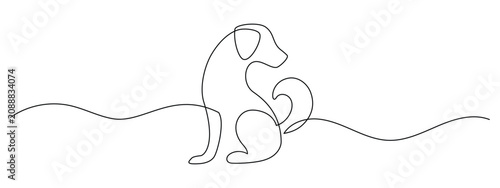 Continuous one line drawing of dog or puppy. Minimalist pet art with cute animal contour shape in simple outline style. Veterinary clinic logo design in editable stroke