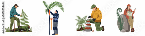 Obraz na plátně Flat illustration set of outdoor enthusiasts engaged in hiking, forestry, marking trails, stacking stones, and navigating with a map and compass