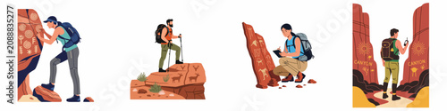 Konstfotografi Set of illustrations showing hikers and explorers discovering ancient petroglyphs and rock art in desert canyons and mountain landscapes