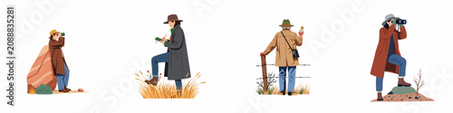 Konstfotografi Flat Vector Illustrations of People Exploring Nature, Using Binoculars, Taking Notes, and Navigating with a Compass in Outdoor Settings