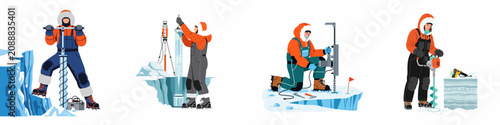 Bild auf Leinwand Arctic researchers and scientists performing ice core drilling and environmental study in polar regions, set of four vector illustrations