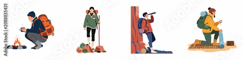 Photography Set of hikers and campers illustrations, featuring characters with backpacks, campfire, hiking, scouting with a telescope, and setting up camp