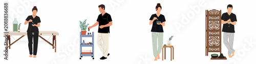 Photography Flat illustration set of professional spa and massage therapists preparing various treatments with essential oils and hot stones in a wellness environment