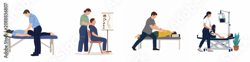Canvas Print Set of illustrations showing professional physical therapists and chiropractors performing various rehabilitation and adjustment techniques on patients in a clinic setting