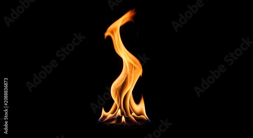 Dynamic and vibrant photo-realistic flame captured against a stark, smooth black background, evoking warmth and energy with its dancing glow