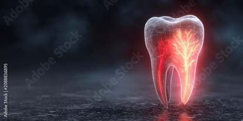 A Stunning Visual Representation of a Tooth Featuring Intricate Nerve Structures Illuminating Through a Transparent Outer Layer in a Dark Background