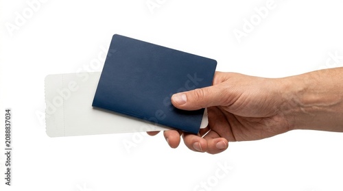 Hand Holding Dark Blue Passport Case on White Background with Travel Document