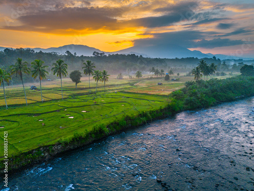 Beautiful panoramic aerial view of terraced rice fields at sunrise in Indonesia, surrounded by lush tropical greenery and palm trees