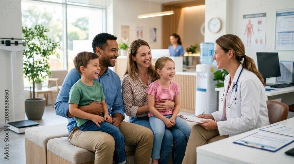 Fototapeta premium Family Consultation in Modern Medical Office with Caring Healthcare Provider