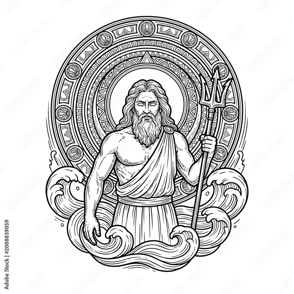 Fototapeta premium Poseidon with trident in ornate circular emblem design.