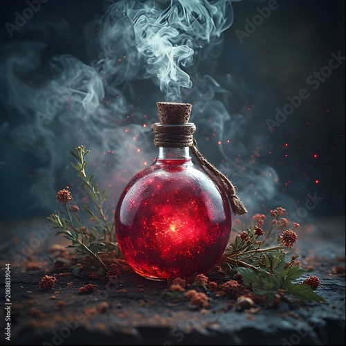 A potion bottle with glowing red liquid, surrounded by herbs and smoke.