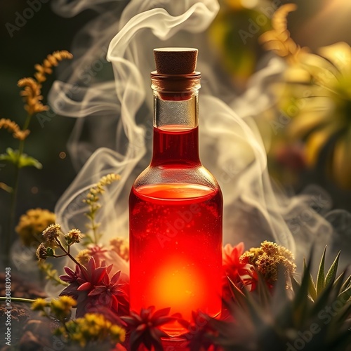 A potion bottle with glowing red liquid, surrounded by herbs and smoke.