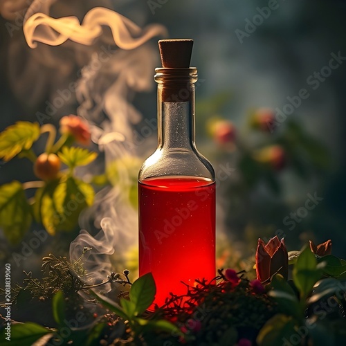A potion bottle with glowing red liquid, surrounded by herbs and smoke.