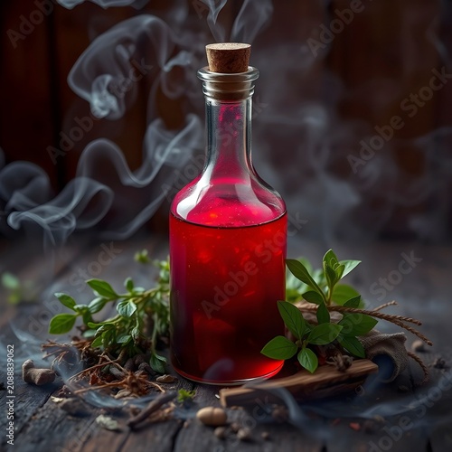 A potion bottle with glowing red liquid, surrounded by herbs and smoke.