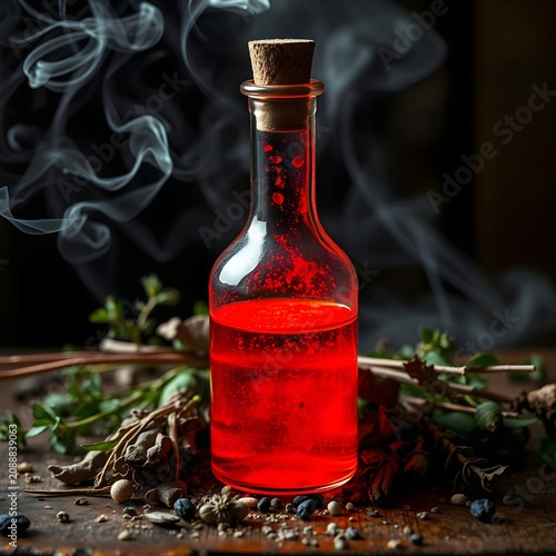 A potion bottle with glowing red liquid, surrounded by herbs and smoke.