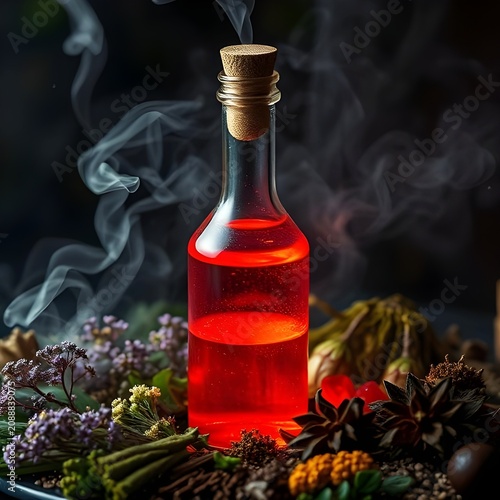 A potion bottle with glowing red liquid, surrounded by herbs and smoke.