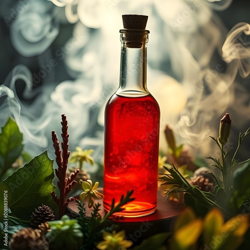 A potion bottle with glowing red liquid, surrounded by herbs and smoke.