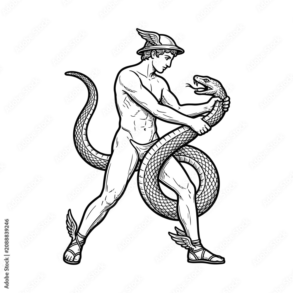 Fototapeta premium Hermes wrestling large serpent in classical woodcut style.