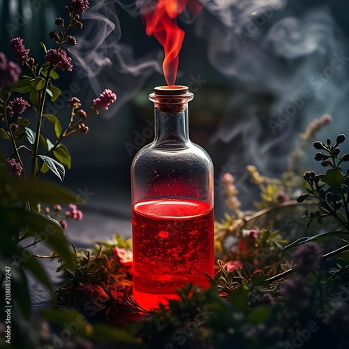 A potion bottle with glowing red liquid, surrounded by herbs and smoke.