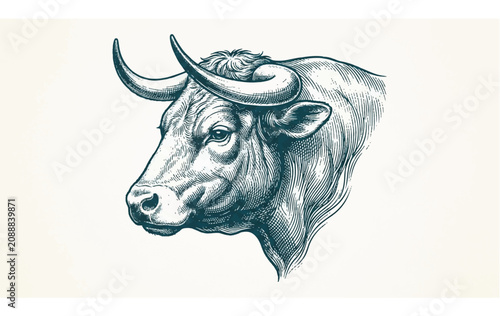Fotografía Bull head with large curved horns 1.